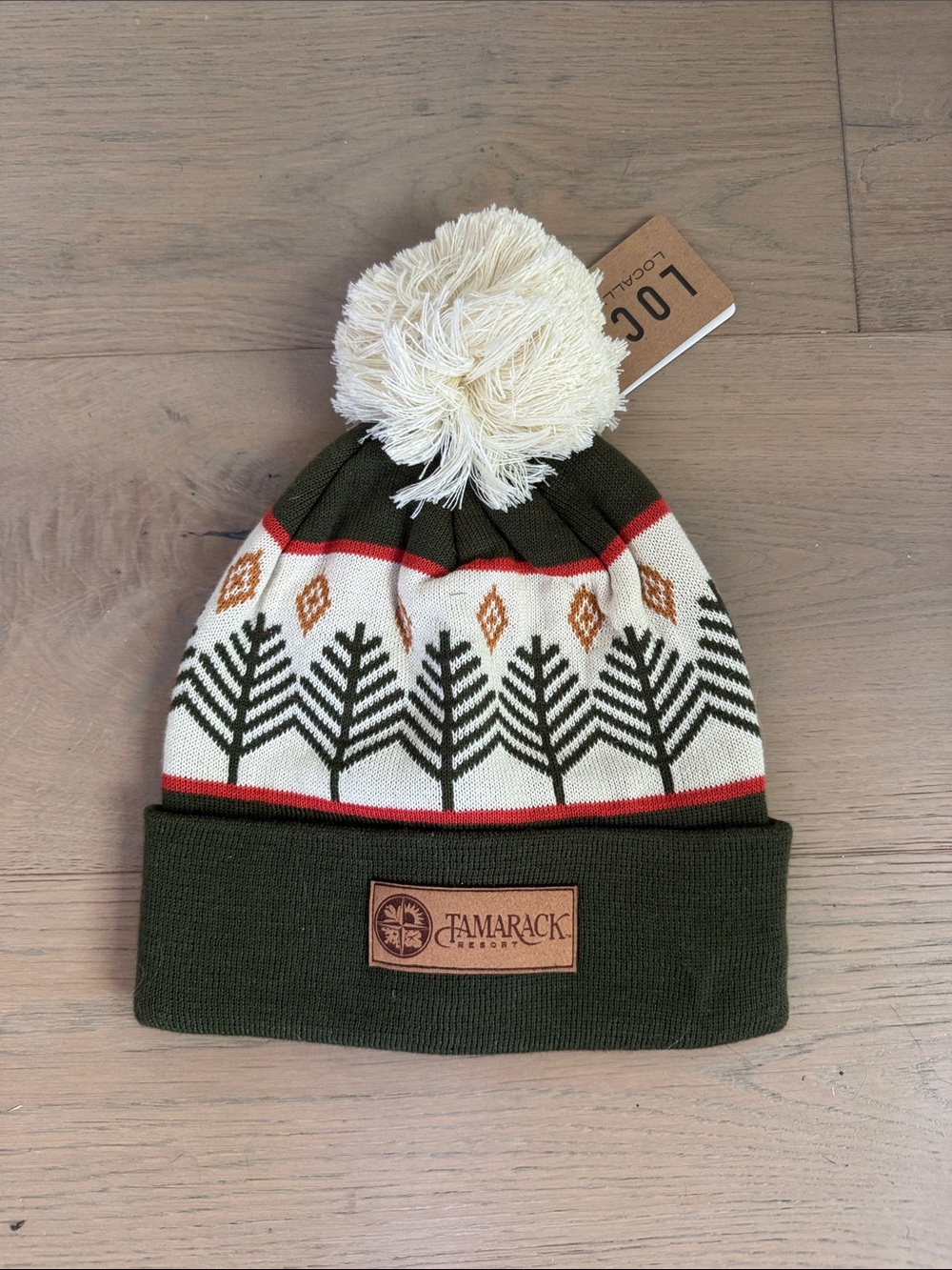 Tamarack Olive Green Knit Pom Beanie with Cream Pom